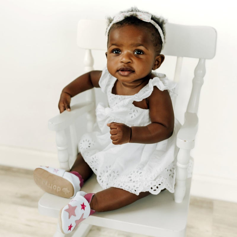 Dotty Fish Soft Leather Infant Shoes Girls pre-Walkers. White with Pink Stars. 18-24 Months - Image 2